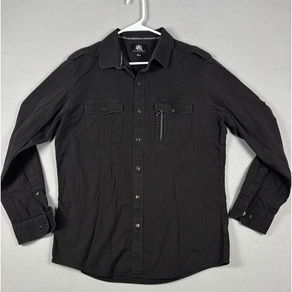 Rock & Republic Pinstripe Long Sleeve Button Down Shirt Large Black Gray